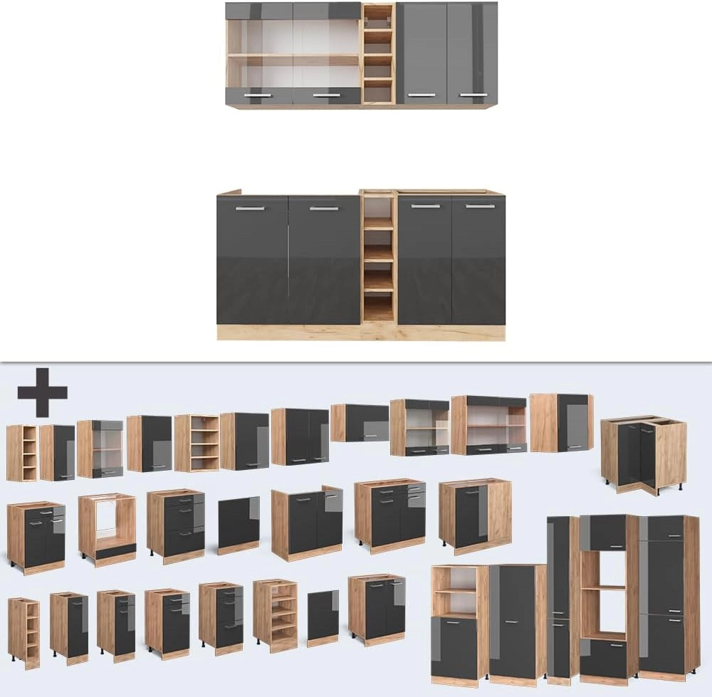 Cucina completa R-Line, Antracite lucido/oro power oak, 160 cm, PL Marmo, adatto per combinazioni ed espansioni personalizzate