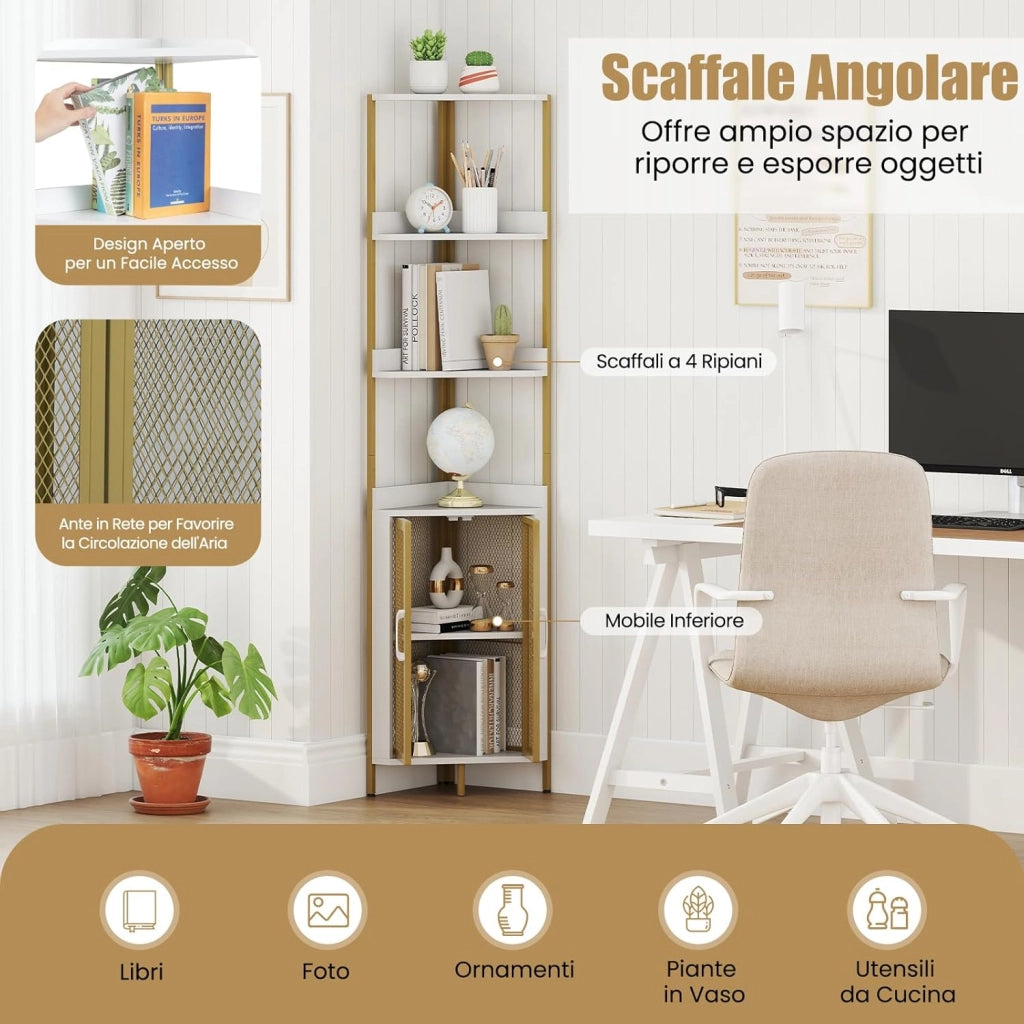 Scaffale Angolare a 6 Ripiani, Libreria Alta 170 cm con Armadietto, Scaffale Industrial per Libri con Ante, Multiuso per Soggiorno, Camera da Letto (Bianco)