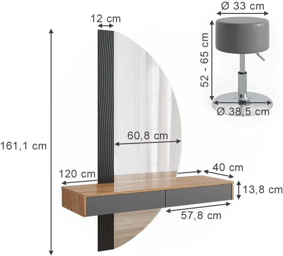 Vicco Tavolo da toilette Melisa, Grigio, 120 cm con illuminazione e sgabello, Altezza regolabile, perfetta per adattarsi alle esigenze individuali