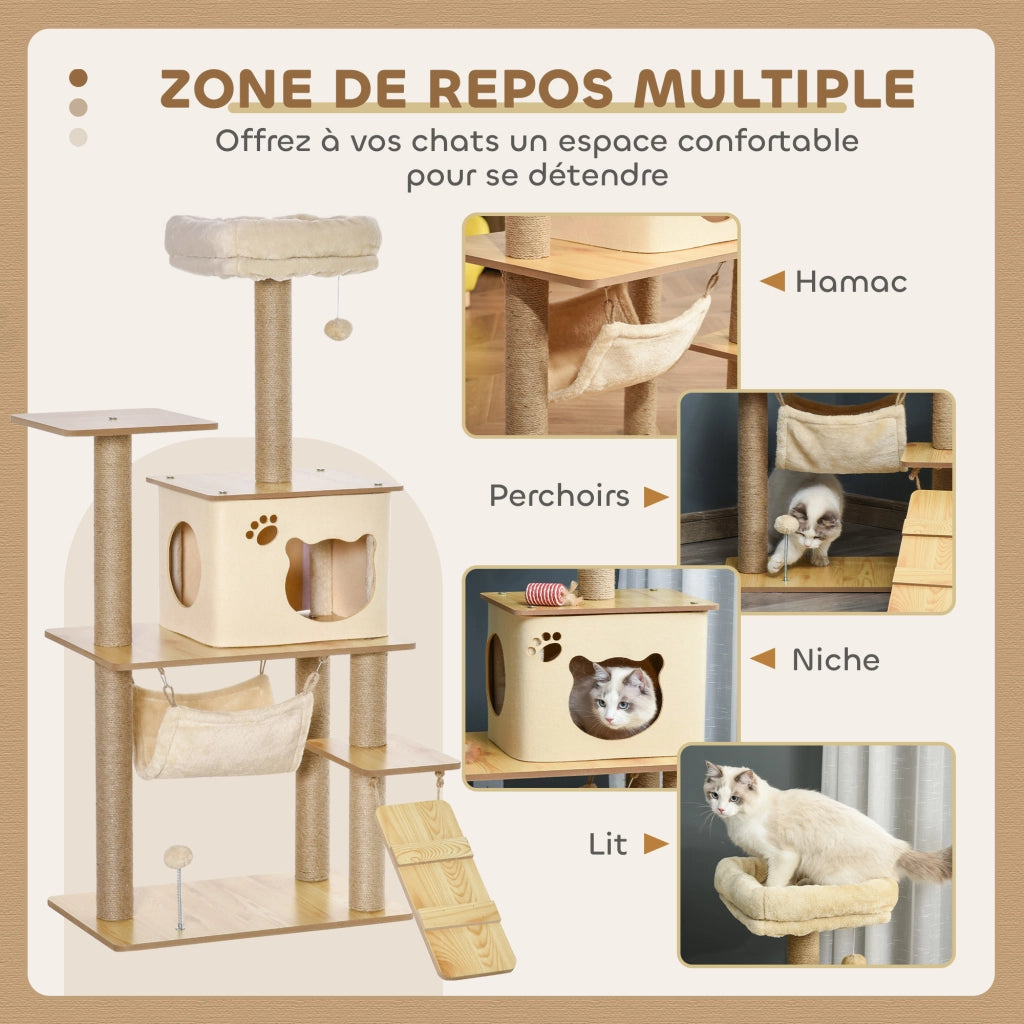 Albero tiragraffi per gatti con piattaforme, cuccia, letto, amaca e scala ¨C zephmum ¨C 60x40x130cm giallo