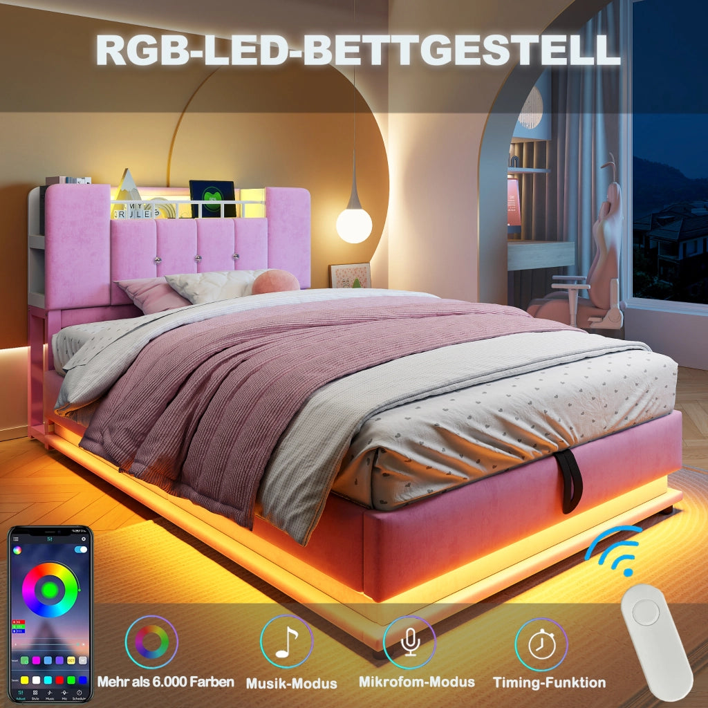 LETTO Polsterbett per bambini 90x200 cm Rosa in velluto con LED, USB e contenitore
