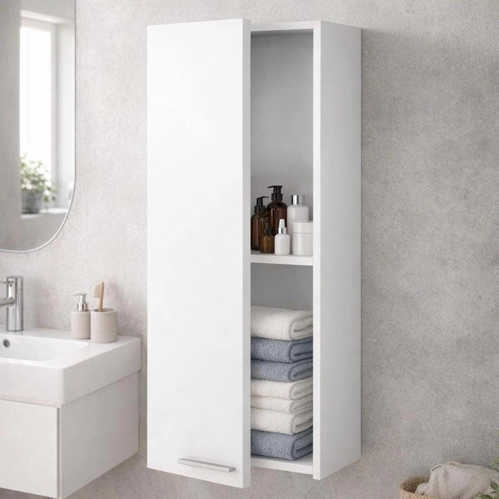 Pensile Bagno Da Parete Sospeso Con Anta E Ripiano Regolabile Mobile Colonna Salvaspazio Armadietto Moderno In Melamina Design Contemporaneo 85 x 30 x 25 Cm Bianco Lucido