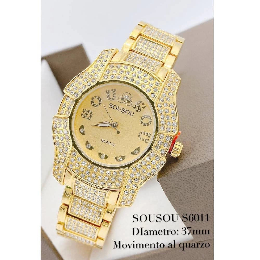 Trade Shop - Orologio Da Polso Sousou S6011 Quarzo Acciaio Moda Brillantini Dorato Fondo Oro -