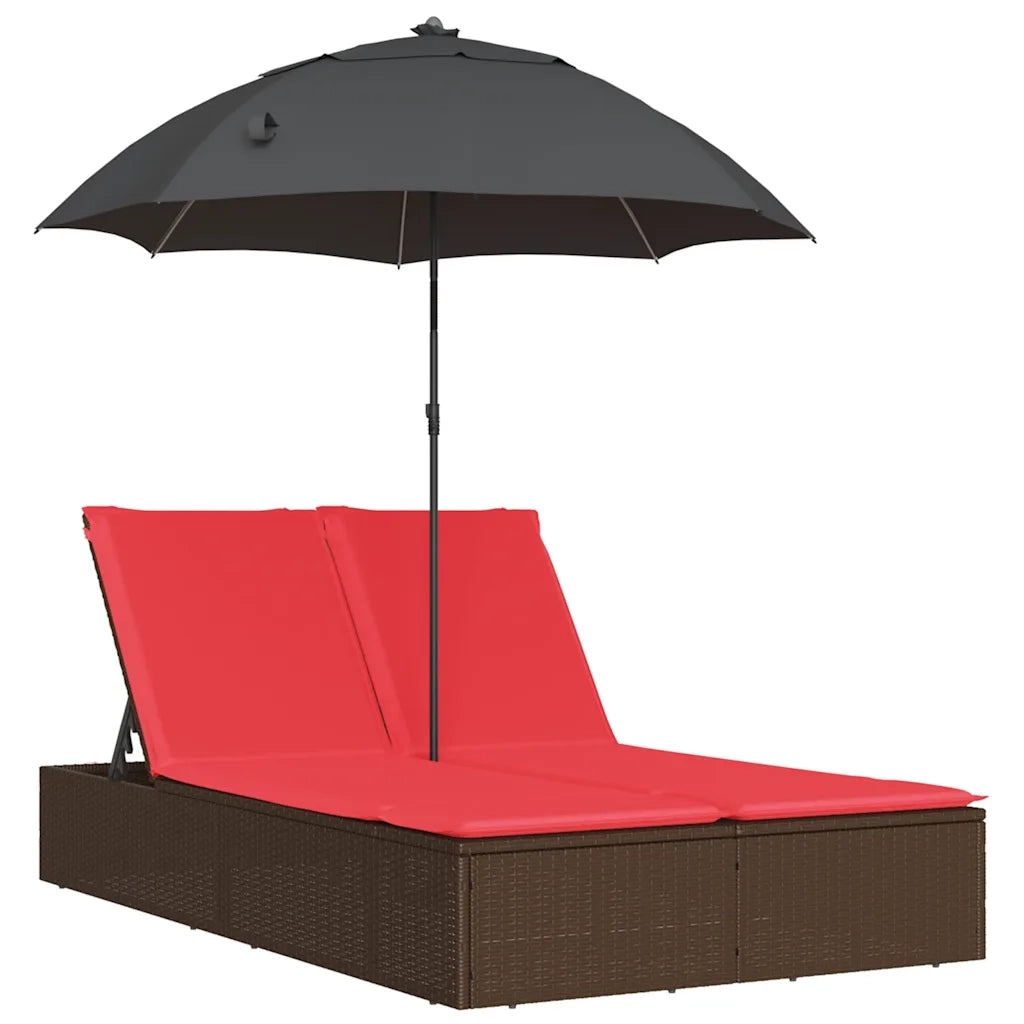 Lettino Prendisole Doppio Cuscini e Parasole Marrone Polyrattan