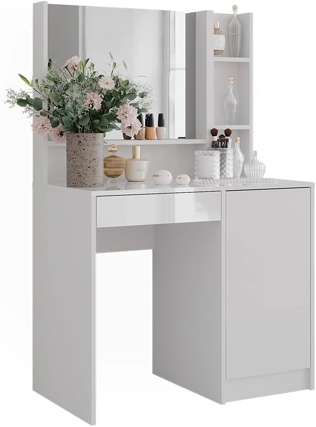 Tavolo da toeletta Sherry, Bianco/bianco lucido, 89.8 cm 3 parti