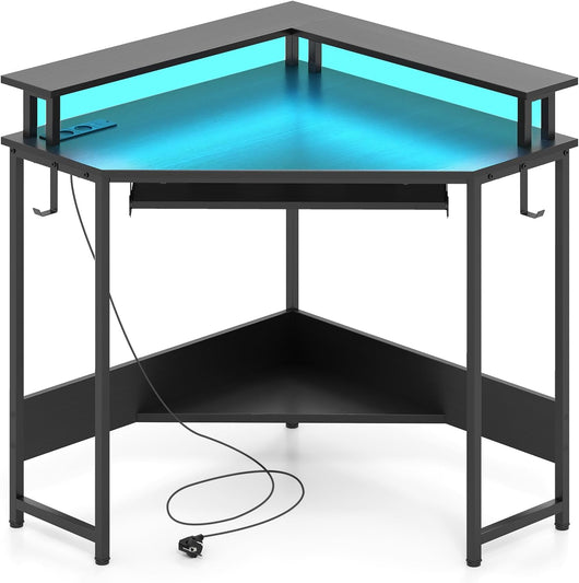 Scrivania ad angolo, scrivania per computer a forma di L con LED multicolore e stazione di ricarica, scrivania con supporto per monitor e ripiano per tastiera regolabile, tavolo da lavoro per