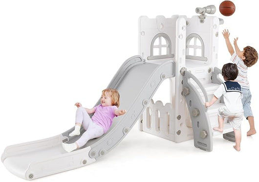 6 in 1 Scivolo per Bambini, Set da Gioco a Forma di L con Canestro da Basket e Telescopio, Spazio di Archiviazione, Scivolo da Interno ed Esterno per 1-3 Anni (Grigio)