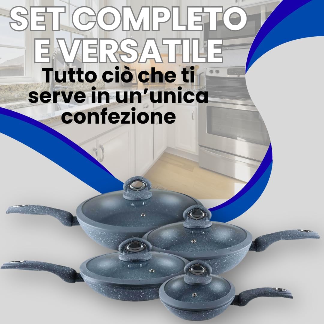 Set di Padelle con Coperchi 12 Pezzi, Induzione Manico Resistente al Calore, Granito e Marmo, Padelle Antiaderente, 20/24/28/32 cm + 4 Mestoli Inclusi.