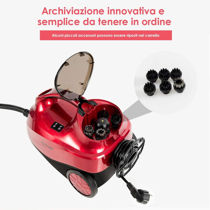 2000W Pulitore a Vapore con 19 Accessori e Serbatoio da 1,5L, Vapore per Tappeti, per Pulizie Profonde Pavimenti Finestre e Macchine (rosso)