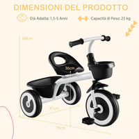 Triciclo per Bambini, Trike con Sede Regolabile Cestini Anteriori e Posteriori, Bicicletta a 3 Ruote con Telaio in Ferro Carbonioso di Alta Resistenza, per Bambini 1,5-5 Anni (Bianco)