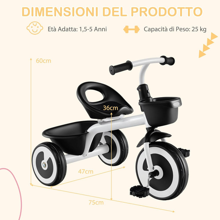 Triciclo per Bambini, Trike con Sede Regolabile Cestini Anteriori e Posteriori, Bicicletta a 3 Ruote con Telaio in Ferro Carbonioso di Alta Resistenza, per Bambini 1,5-5 Anni (Bianco)