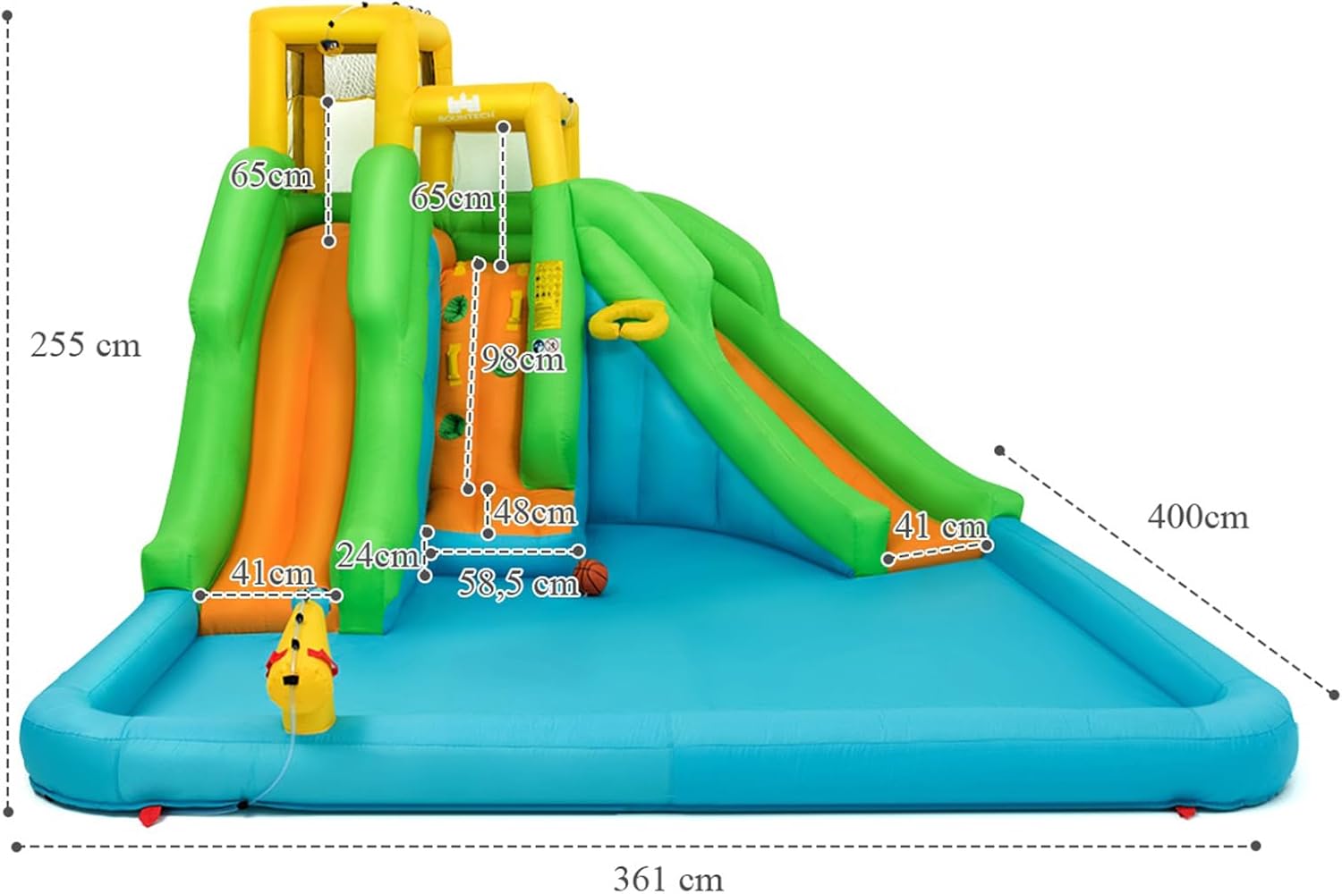 Castello Gonfiabile per Bambini, Con Scivolo, Parete di Arrampicata, Piscina e Canestro da Basket, per 3 Bambini di 3-10 Anni, 400 x 360 x 255 cm (Senza soffiatore)