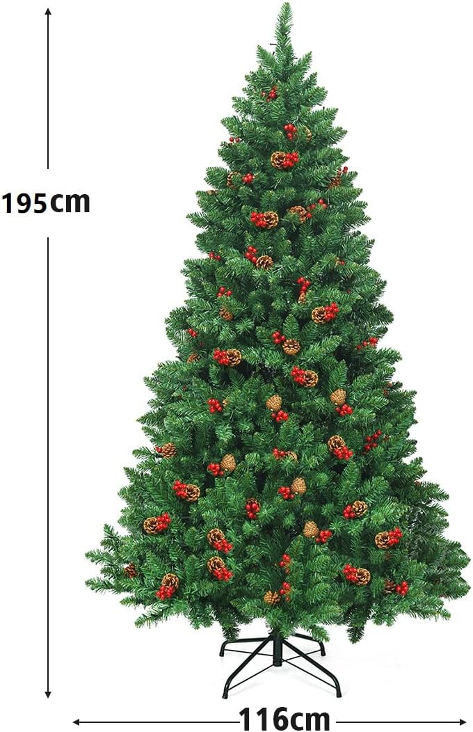 Albero di Natale da 135/195 cm, Albero di Natale Artificiale con 300/450 Luci LED Bianco Caldo, 516/1100 Rami, 32/56 Pigne e 32/56 Bacche Rosse e Base in Metallo, Verde (195cm)