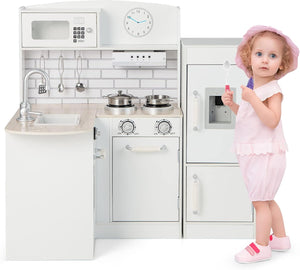 Cucina Giocattolo per Bambini, Cucina per Bambini in Legno con Lavello, Fornelli, Cappa, Frigorifero e Distributore d'Acqua, 3 Anni+