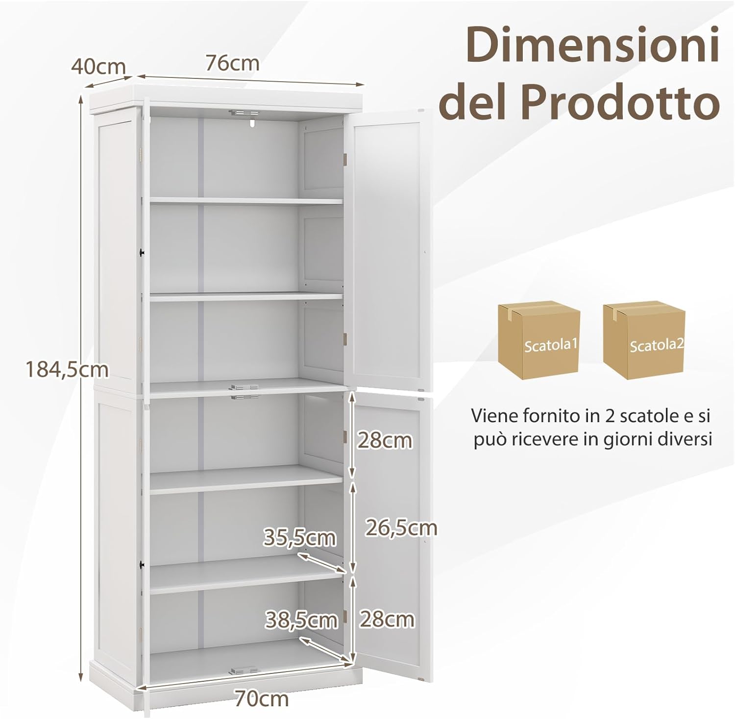 Credenza da Cucina, Mobile da Cucina Moderno con 6 Ripiani, 2 Ripiani Regolabili, per Cucina, Sala da Pranzo e Soggiorno, 76 x 40 x 184,5 cm