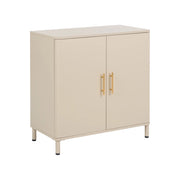 Credenza multimediale in acciaio a 2 ante, colore beige, con angoli arrotondati e maniglie dorate
