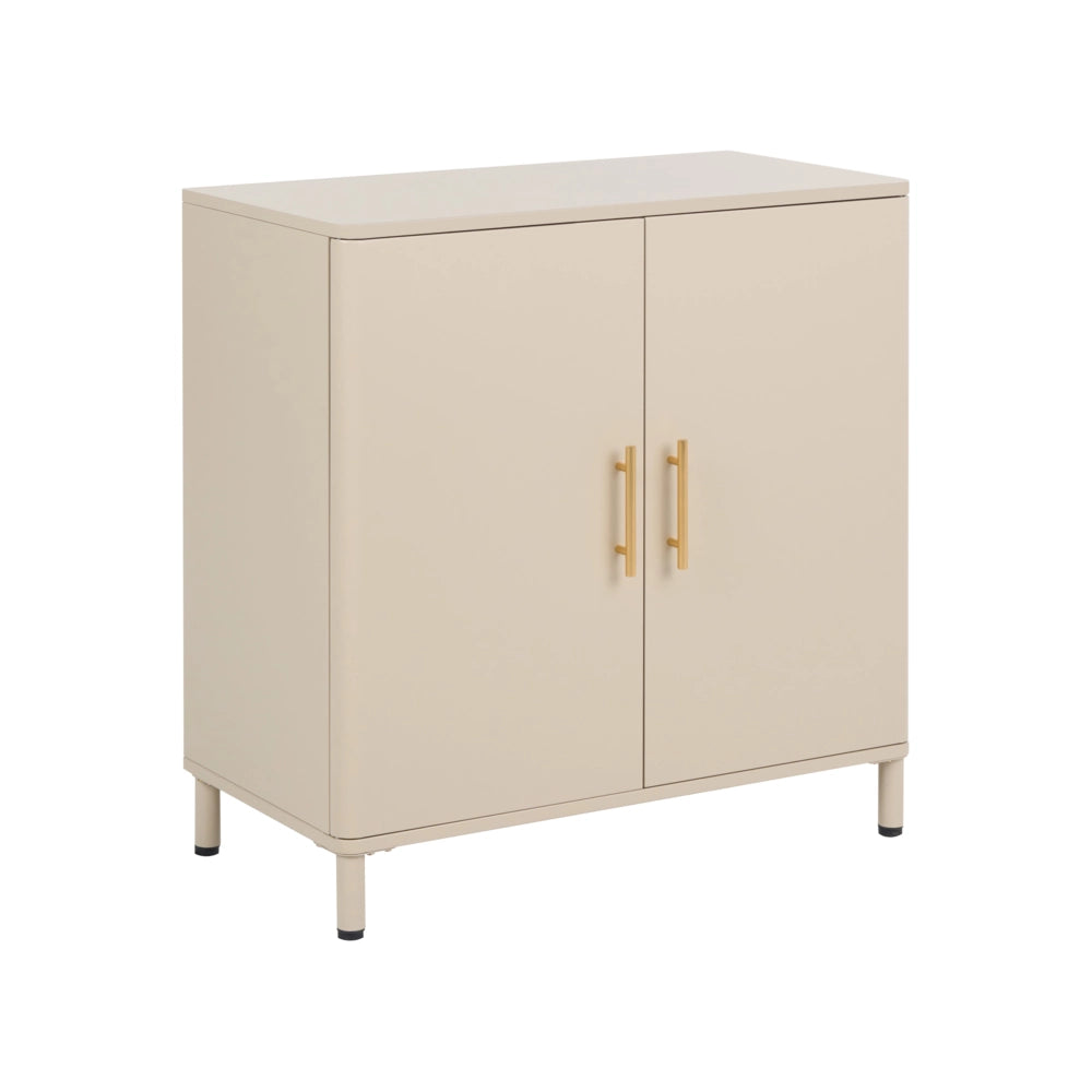 Credenza multimediale in acciaio a 2 ante, colore beige, con angoli arrotondati e maniglie dorate