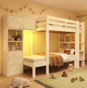 Letto a castello sfalsato 90x200 cm con LED notturno; armadio; ripiani e cassetti; bianco
