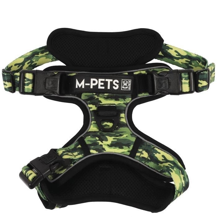 Pettorina - M PETS - HIKING - Camouflage M - Tessuto imbottito - Clip di sicurezza - Maniglia - Guinzaglio posteriore/anteriore