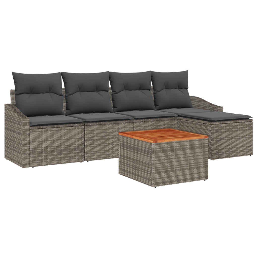 Set Divano da Giardino da 6 Pezzi con Cuscini Grigio Polirattan Acacia