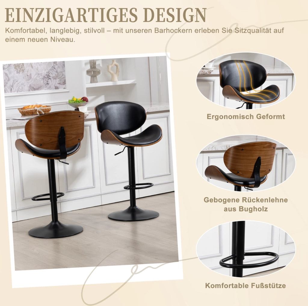 Sgabello da bar girevole 360° regolabile in altezza; in PU nero con schienale ergonomico
