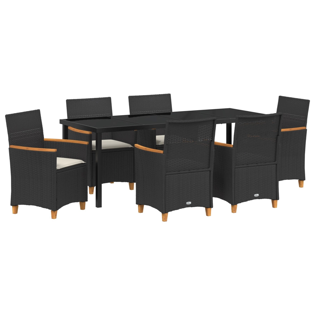 Set di Pranzo da Giardino 7 Pezzi con Cuscini in Rattan Poliestere Nero