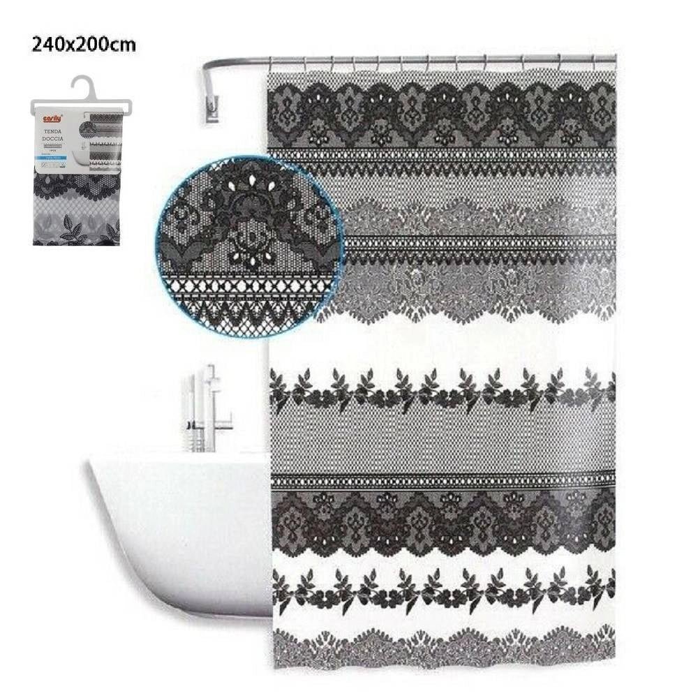 Trade Shop - Tenda Doccia Antimuffa Impermeabile 240x200 Cm Con Anelli Bagno Pizzo Nero 59522 -