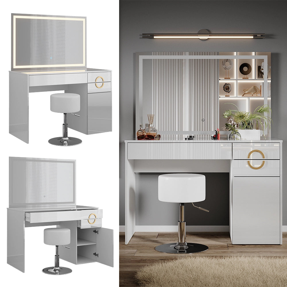 Vicco Tavolo da toeletta Bianco 115 cm con specchio LED e sgabello