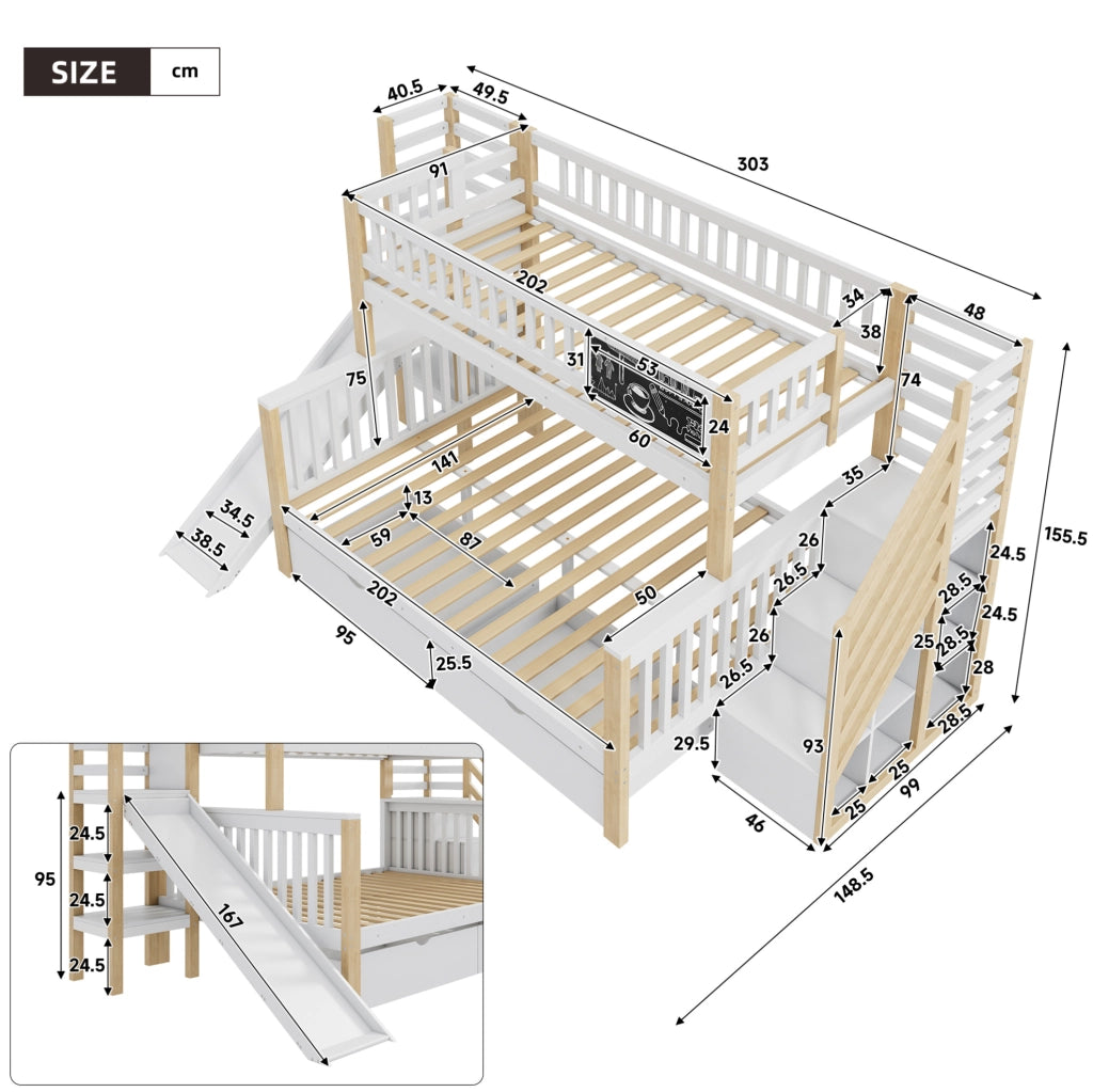 Letto a soppalco a casetta per bambini 140x200 cm con scivolo; lavagna e vani contenitore; bianco naturale
