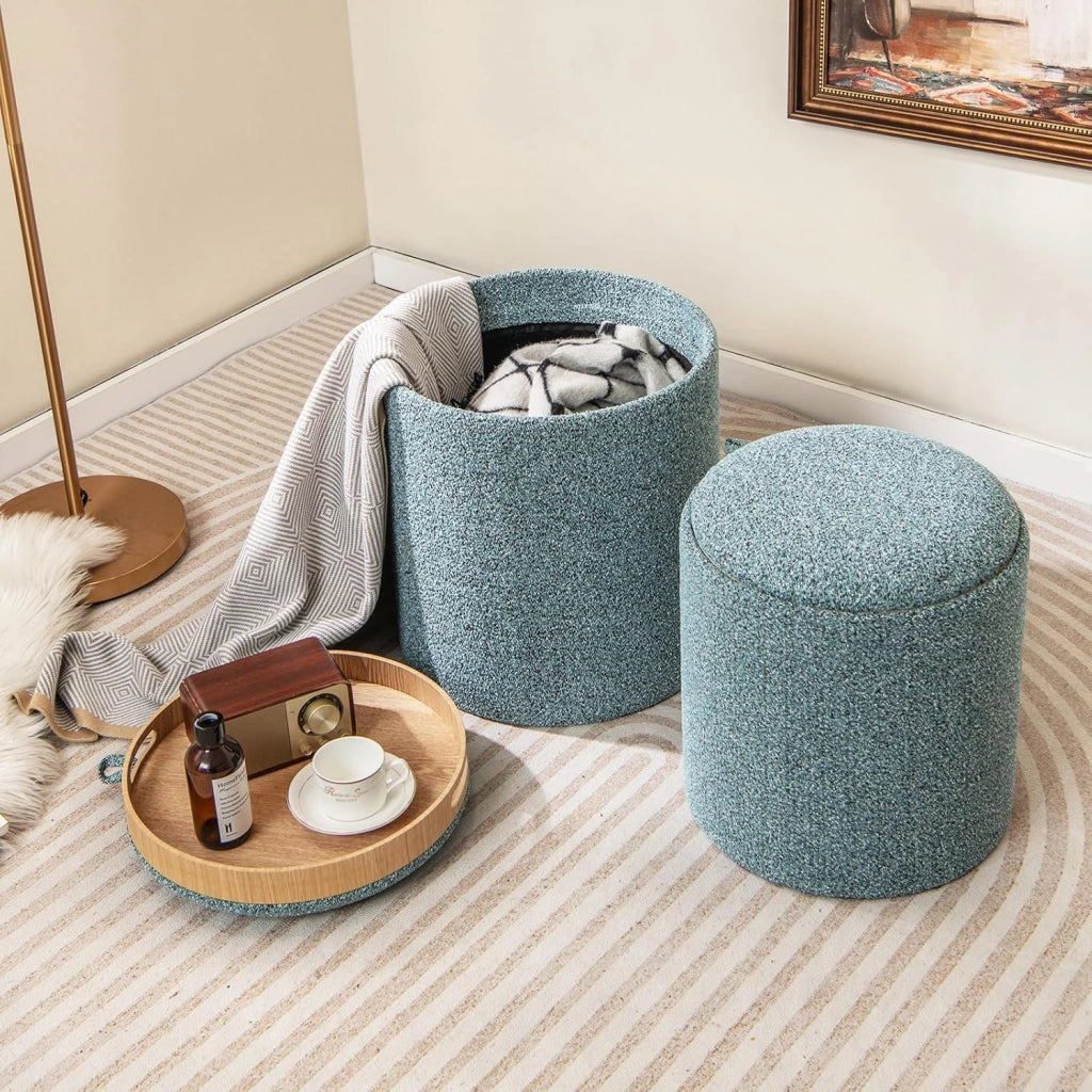 Set di 2 pouf con vano portaoggetti, sgabello rotondo con vassoio/coperchio reversibile, pouf imbottito in tessuto, poggiapiedi con manici laterali, sgabello multifunzione blu cielo