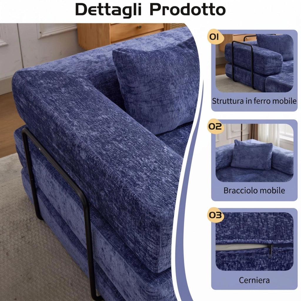 Divano compatto, divano letto pieghevole, moduli senza struttura, tessuto chenille, blu scuro