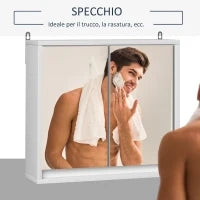 Armadietto Bagno a 2 Ante con Specchiera e Ripiano Regolabile in MDF, 48x14.5x45cm, Bianco