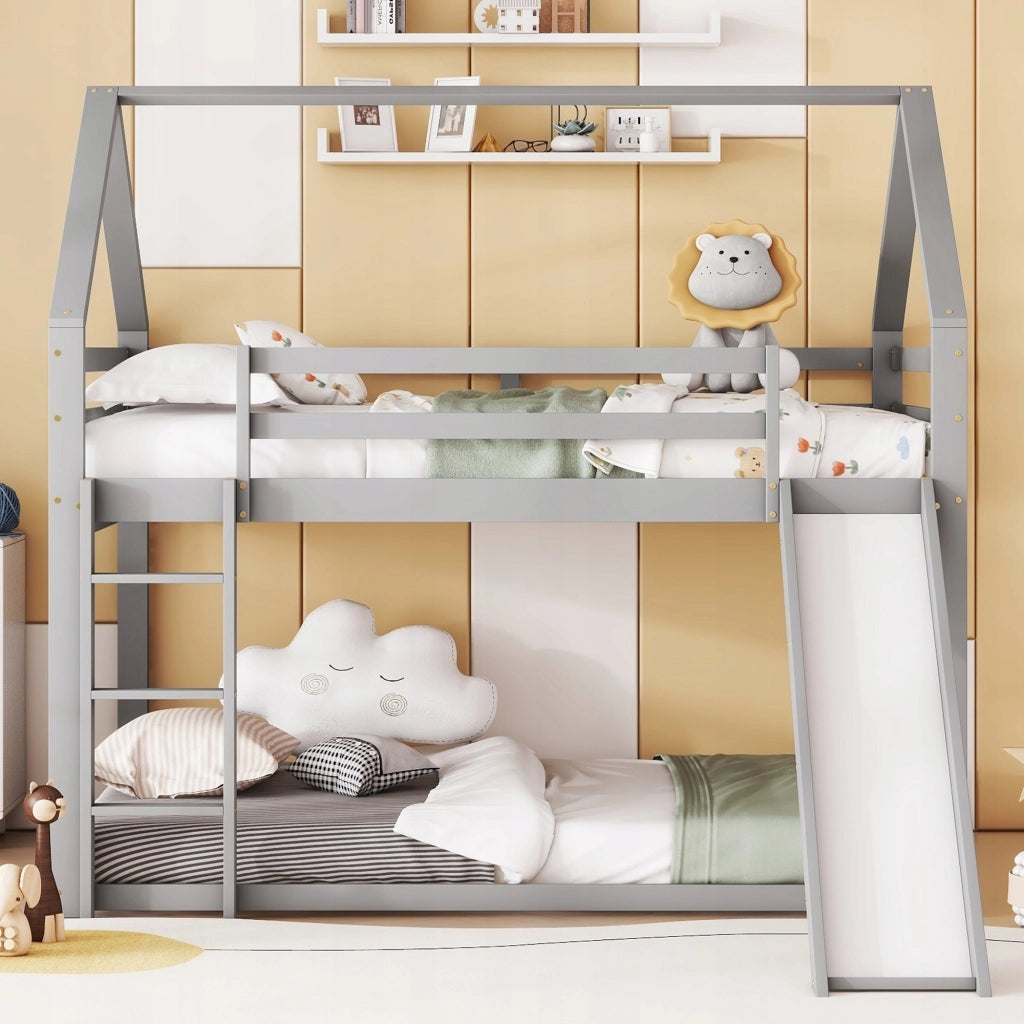 Letto a castello per bambini - Xylo - Con scivolo e scala, grigio
