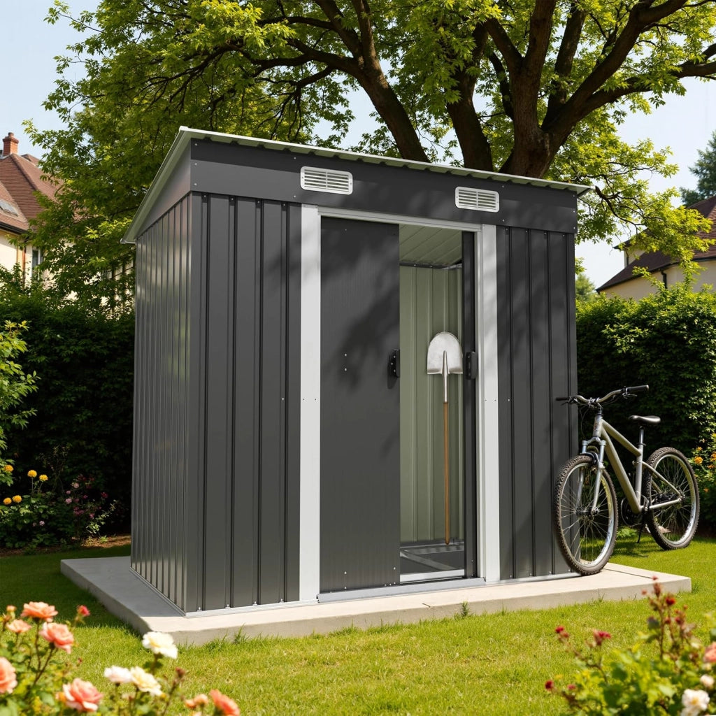 Capanno per attrezzi Devoko in metallo 183x109x182 cm con basamento, capanno da 3,6 m³ con tetto a una falda e porta scorrevole, capanno da giardino per biciclette, terrazza, prato, antracite
