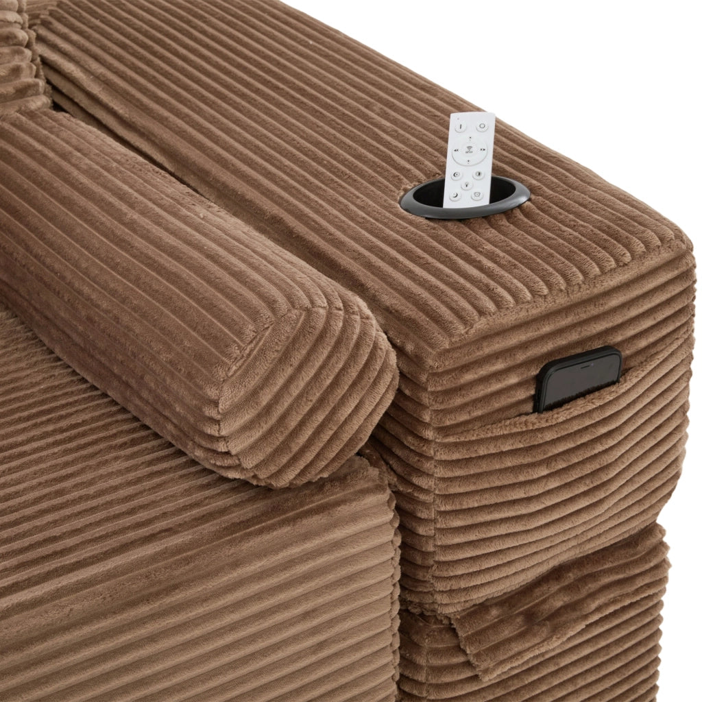 Divano letto multifunzionale in corduroy con tasche laterali, portabicchieri e cuscini memory