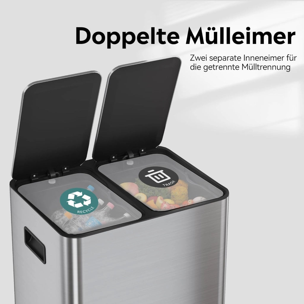 Bidone per rifiuti da cucina 30 litri a due camere ¨C zephmum ¨C in acciaio inossidabile con pedale