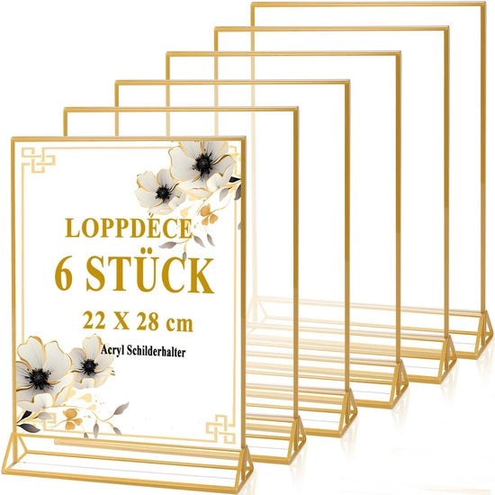 Set di 6 fotolijsten a doppia faccia in oro, 21,6 x 28 cm, display da tavolo in acrilico, bordo in acrilico con bordi dorati, cornice dorata per numeri da tavola di matrimonio, menu holder, fotolijsten
