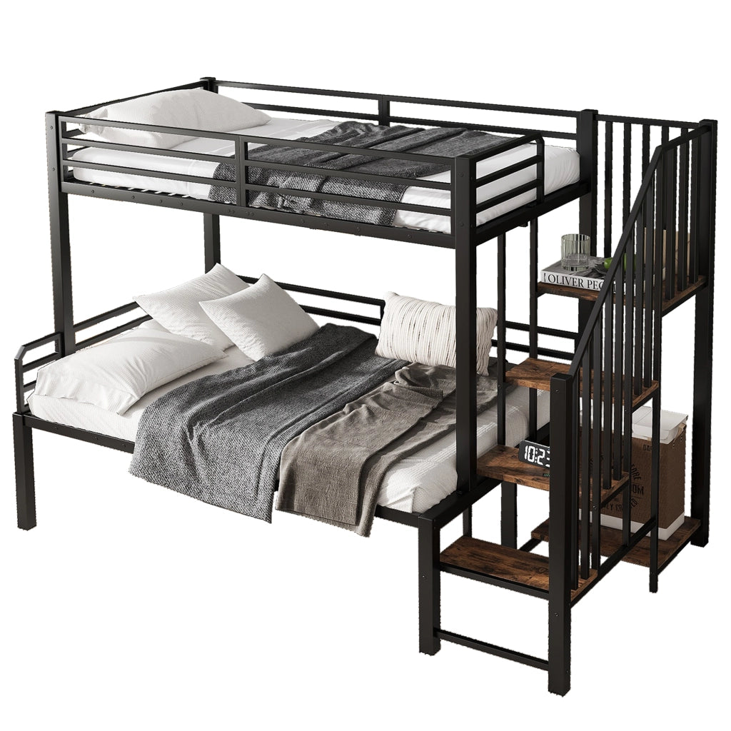 OKWISH Letto a Castello 90×200 cm e 120×200 cm, Letto 3 Posti con Scala ad Angolo, Contenitore e Sponde, senza Materasso