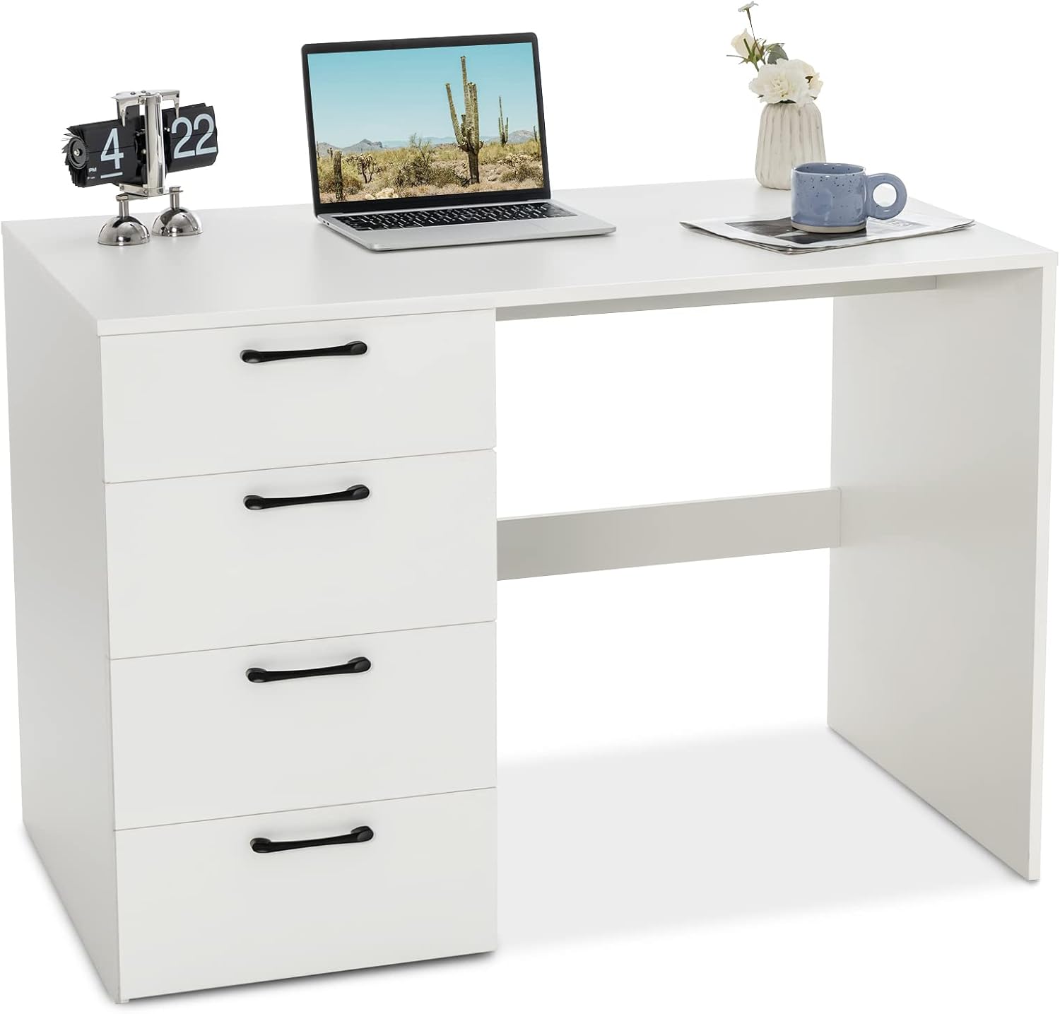 Scrivania per Computer con 4 Cassetti, Scrivania Porta PC in Legno con Ampio Piano, Scrivania Moderna e Semplice per Casa, Ufficio e Studio, Portata 95 kg, 110 x 60 x 76 cm, Bianco