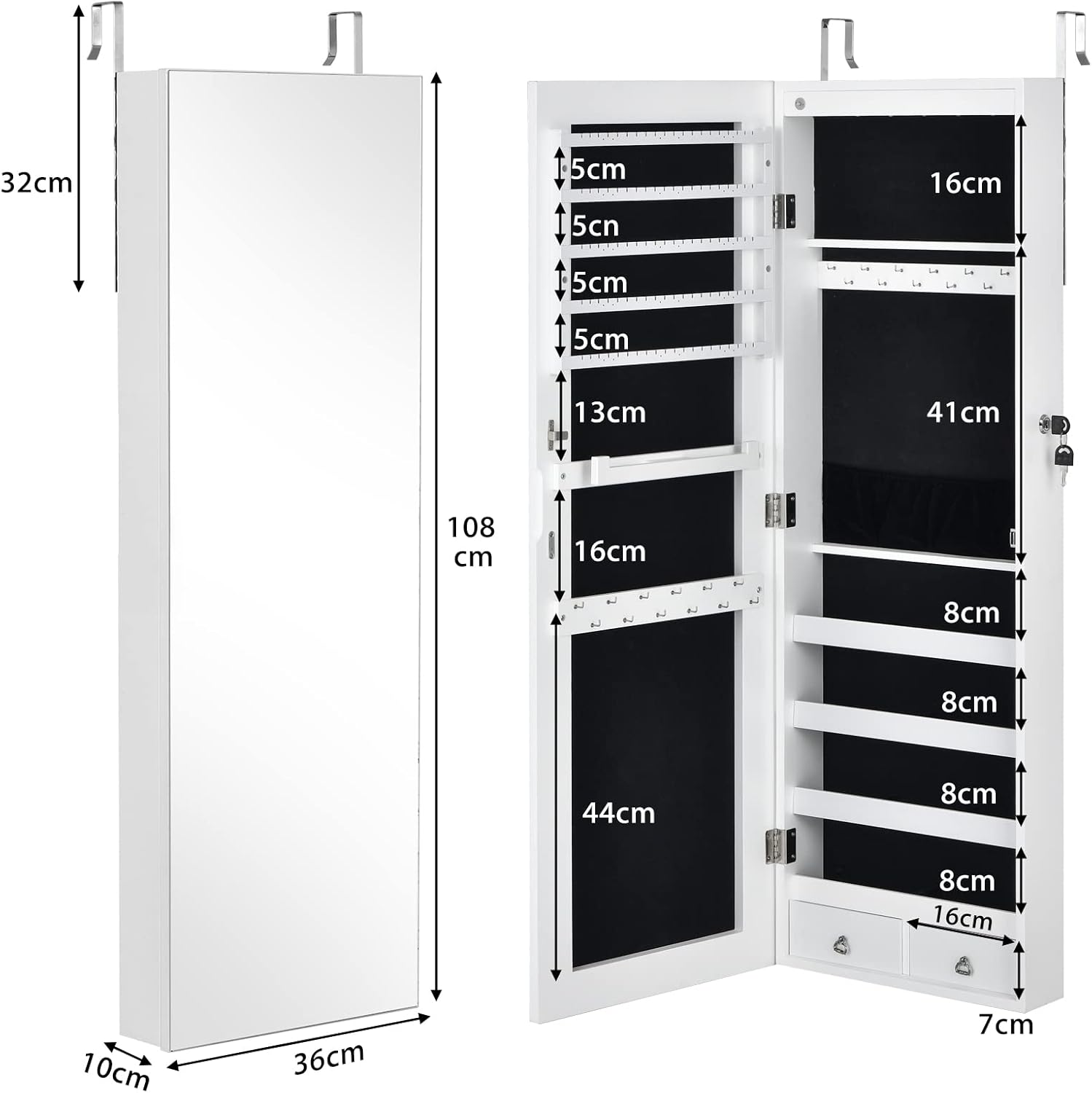 Armadietto Portagioie con Specchio, Armadio per Gioielli con 6 Luci LED e Cassetti, Organizer Gioielli per Camera da Letto e Cabina Armadio, 36 x 10 x 108 cm (Bianco)