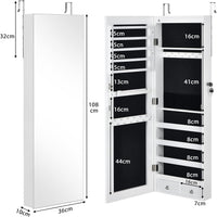 Armadietto Portagioie con Specchio, Armadio per Gioielli con 6 Luci LED e Cassetti, Organizer Gioielli per Camera da Letto e Cabina Armadio, 36 x 10 x 108 cm (Bianco)