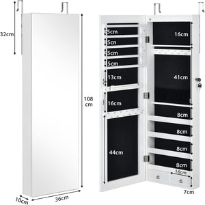 Armadietto Portagioie con Specchio, Armadio per Gioielli con 6 Luci LED e Cassetti, Organizer Gioielli per Camera da Letto e Cabina Armadio, 36 x 10 x 108 cm (Bianco)