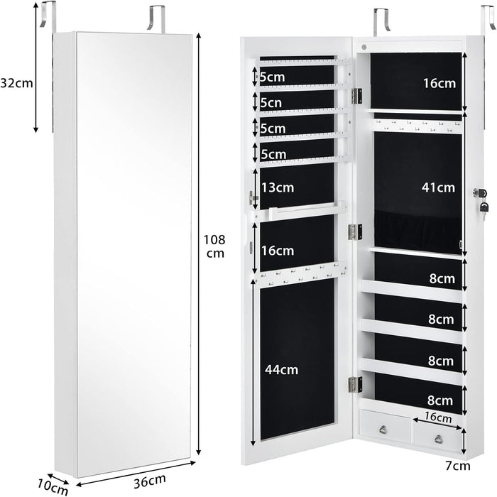 Armadietto Portagioie con Specchio, Armadio per Gioielli con 6 Luci LED e Cassetti, Organizer Gioielli per Camera da Letto e Cabina Armadio, 36 x 10 x 108 cm (Bianco)