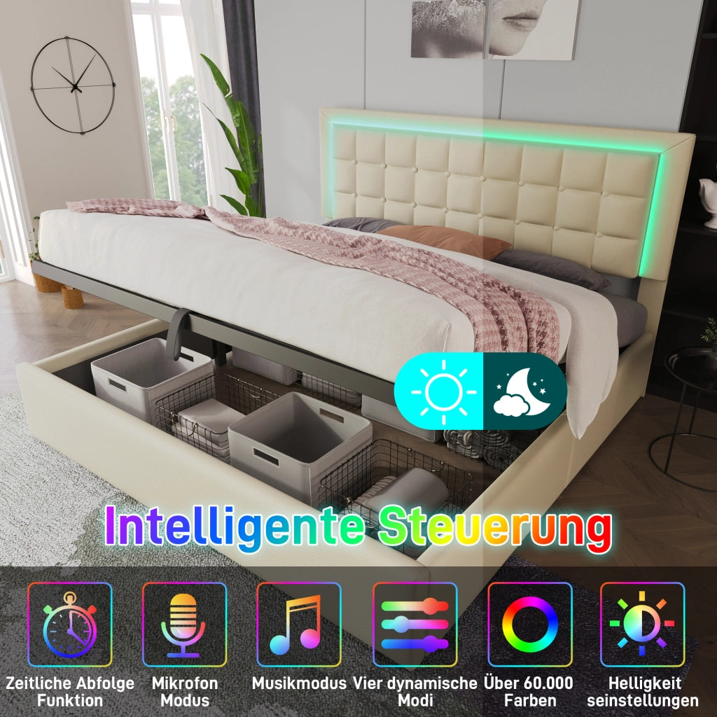 Letto matrimoniale in similpelle bianco 160x200 LED doghe vano senza materasso