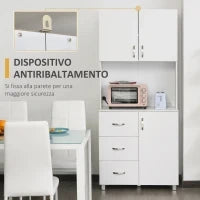 Credenza da Cucina e Soggiorno, Credenza Moderna in Legno Bianco, 2 Armadietti, Mensole Regolabili, 1 Ripiano Aperto e 3 Cassetti, 80x39.5x183.5cm
