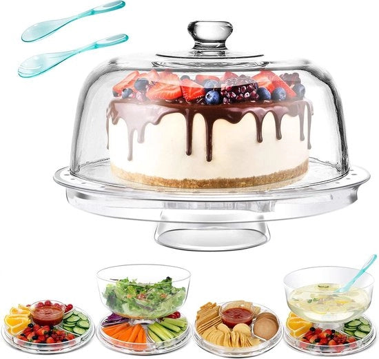 Piatto da torta 6 in 1 - Stand per torta multifunzionale - Piatto da torta con piede e coperchio - 31 cm - Supporto per torta per cucina - Ciotola per insalata - Scudetto per snack - Materiale plastico - Incluso 2 cucchiai per insalata