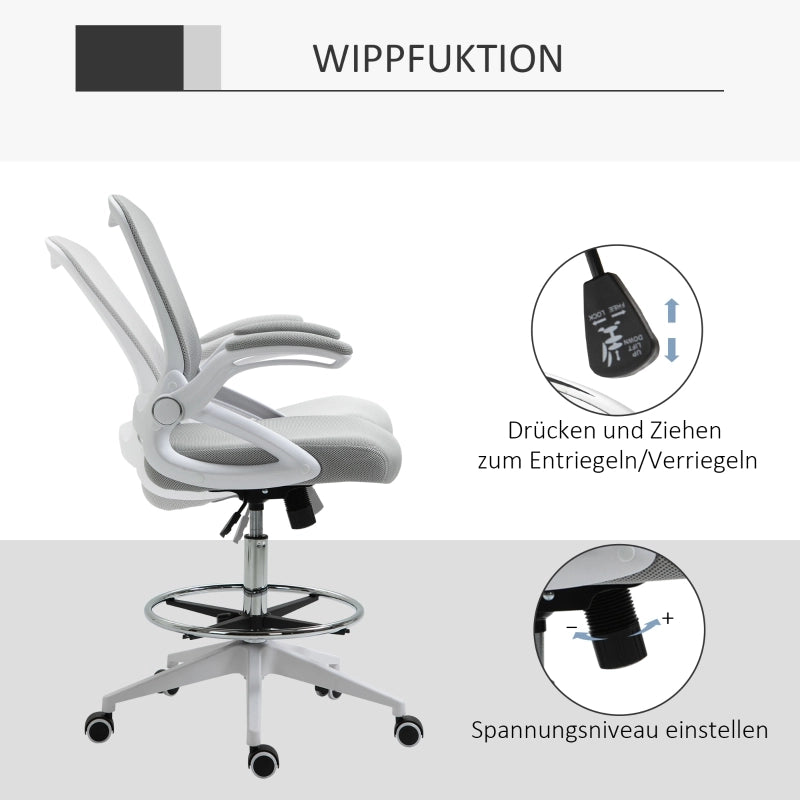 Sedia da ufficio ergonomica girevole con braccioli ribaltabili e poggiapiedi regolabile in rete grigio chiaro