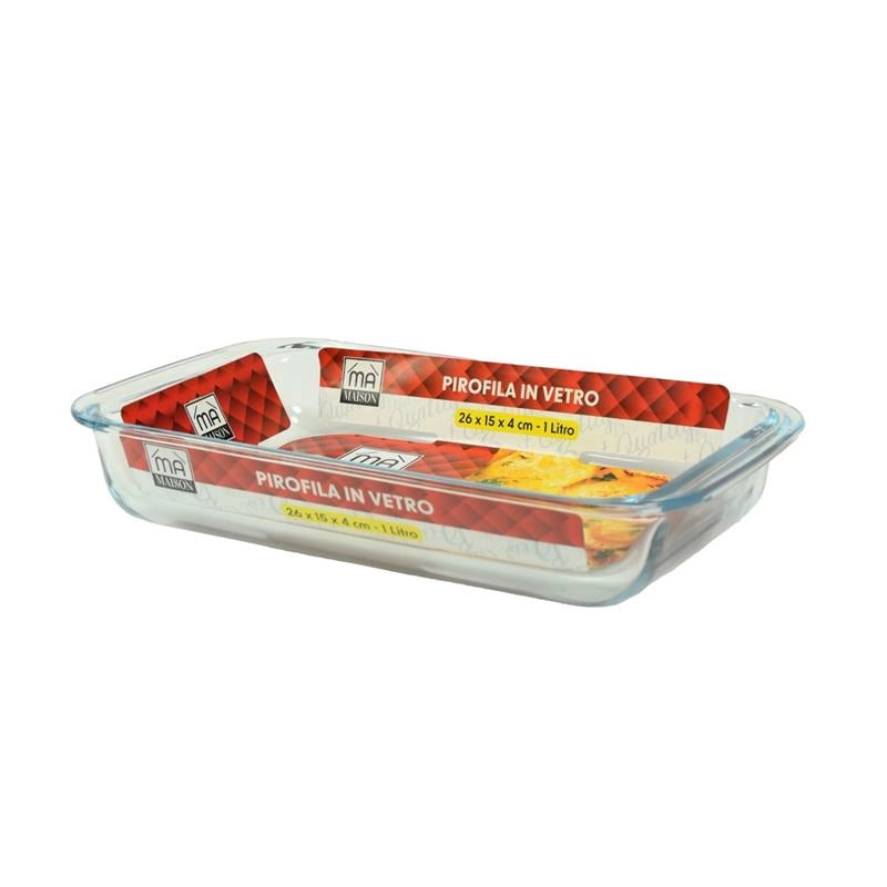 BAKER PIROFILA TRASPARENTE IN VETRO SPESSO FORMA RETTANGOLARE CON BORDI SPORGENTI E MANICI 26X15X4 CM 1 LITRO