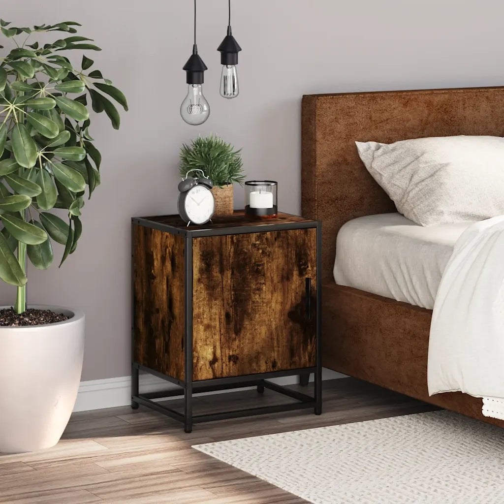 Comodino-Tavolino da notte Rovere Fumo 40x31x50 cm Legno Multistrato e Metallo 624919
