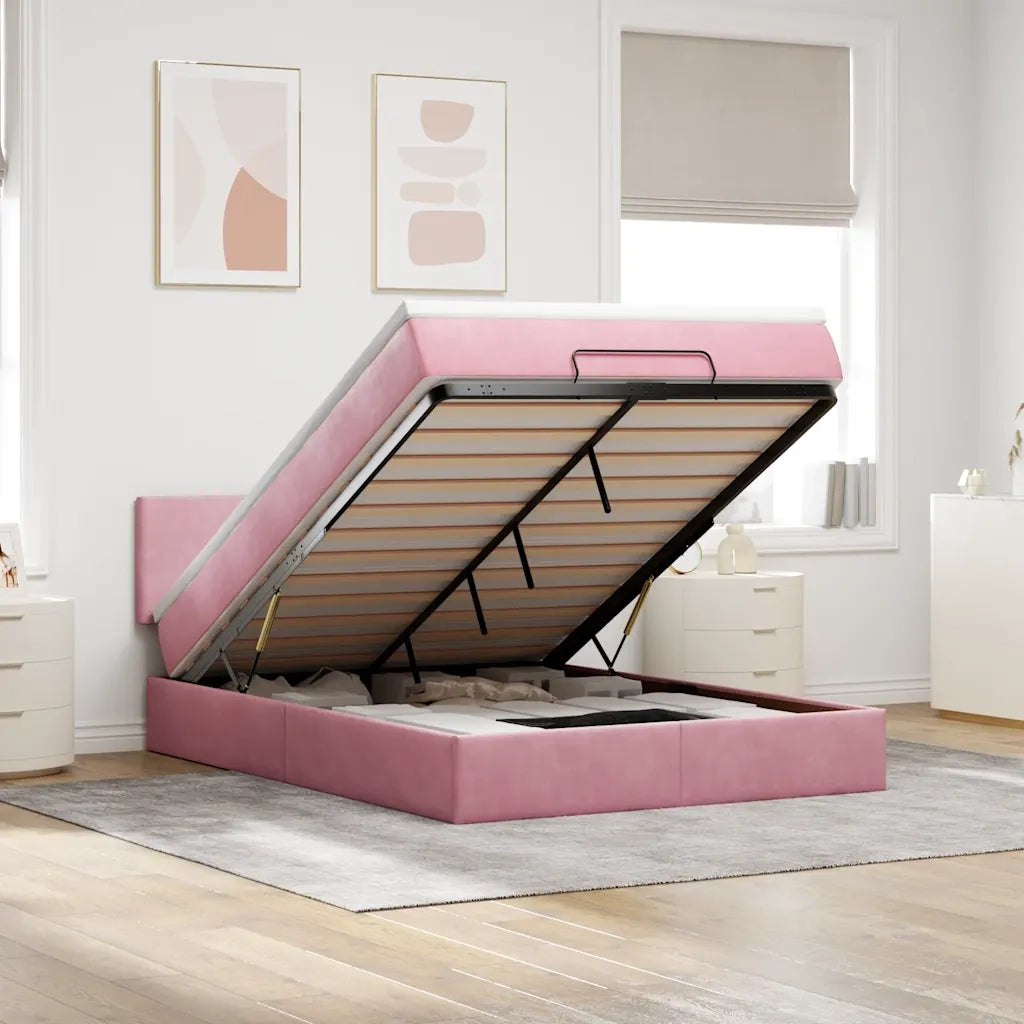 Struttura Letto Pouf con Materasso Rosa 140x190 cm in Velluto 3311704